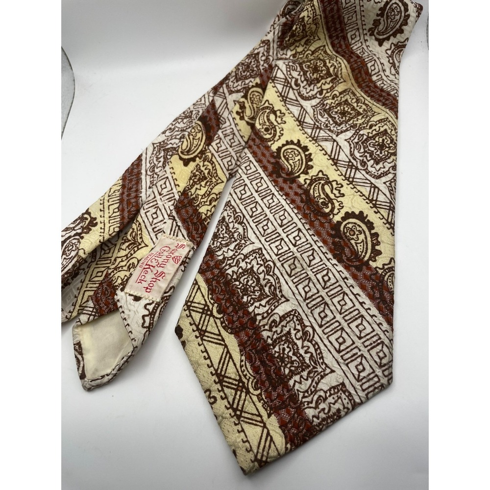 Resilio Vintage Paisley Geometric Striped Necktie Brown Cream Tan Wide 4 Inch